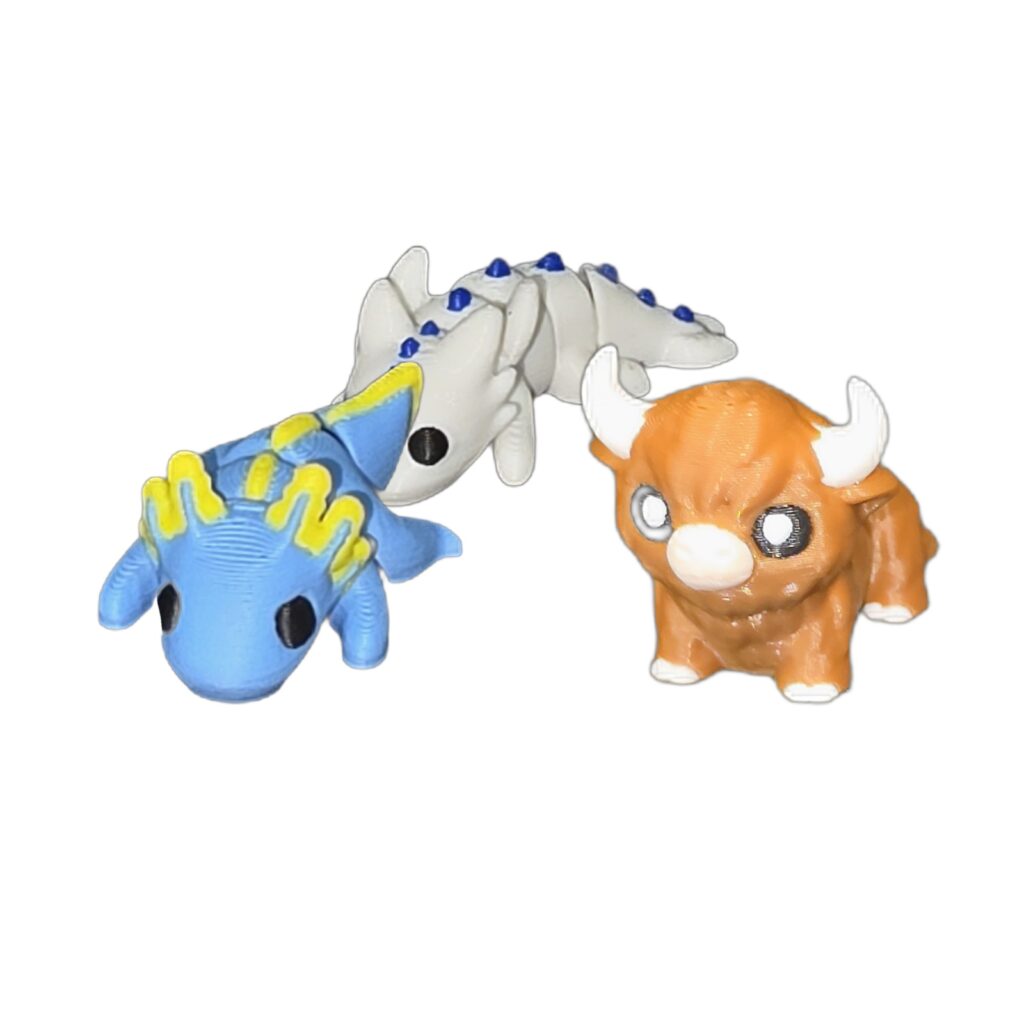 Mini Animals 3 Pack 3D Printed Sensory Toys Assortment with Axolotl, Dragon, and Highland Cow